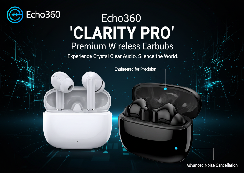 Echo360 Clarity Pro wireless earbuds with charging case on a dark background