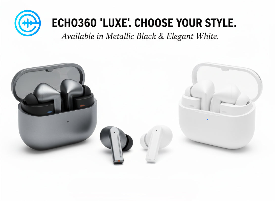 True wireless earbuds with charging cases on a white background, featuring 'Echo360 Luxe' branding.