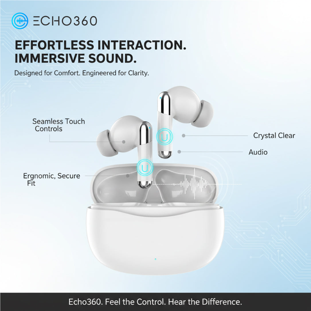 Echo360 Premium noise cancelling earbuds in charging case"