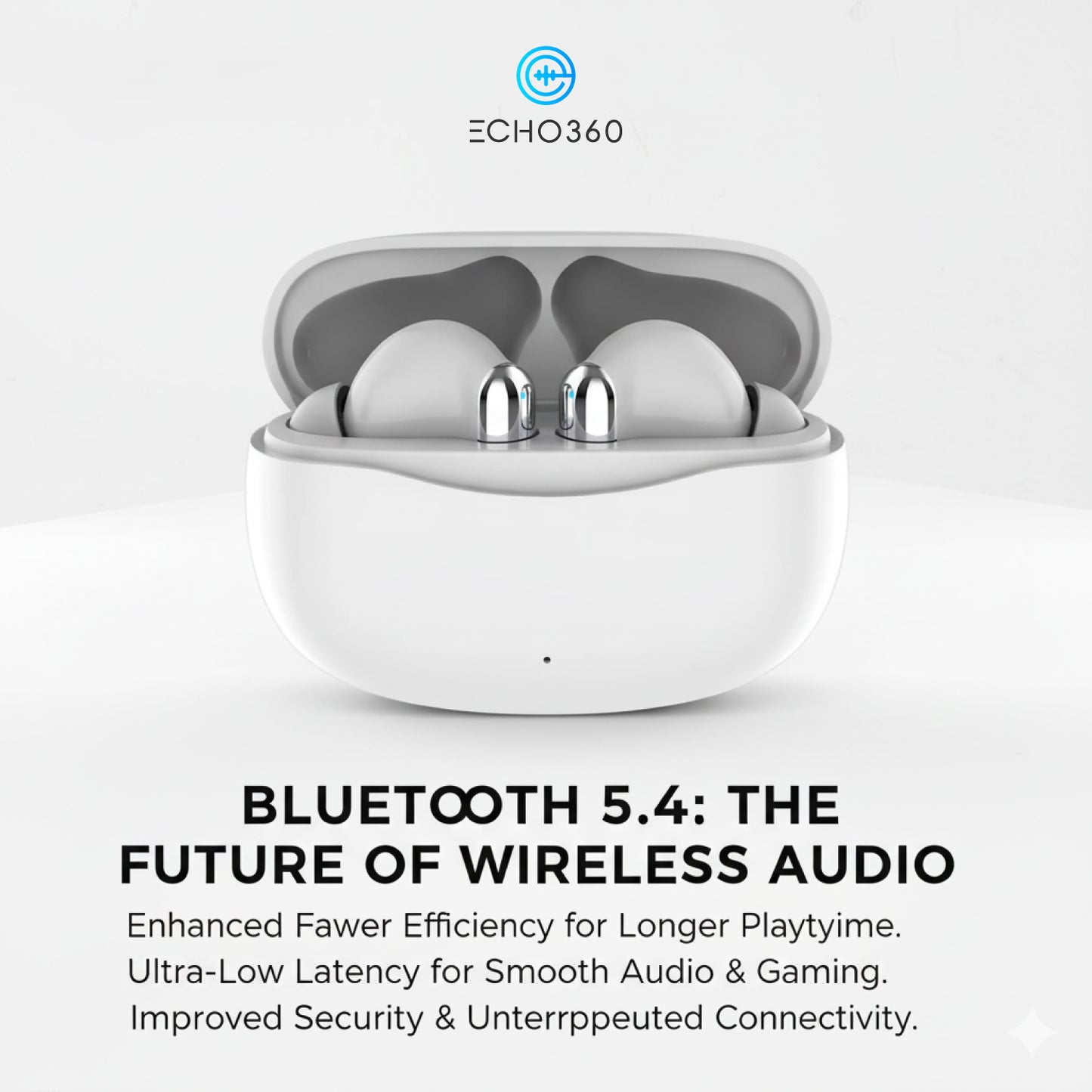 Wireless earbuds in a charging case with ECHO360 branding on a white background.