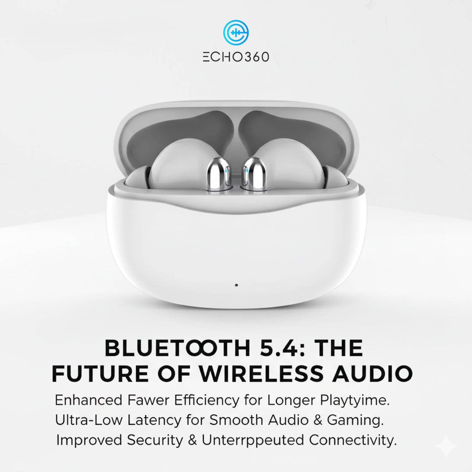 Wireless earbuds in a charging case with ECHO360 branding on a white background.
