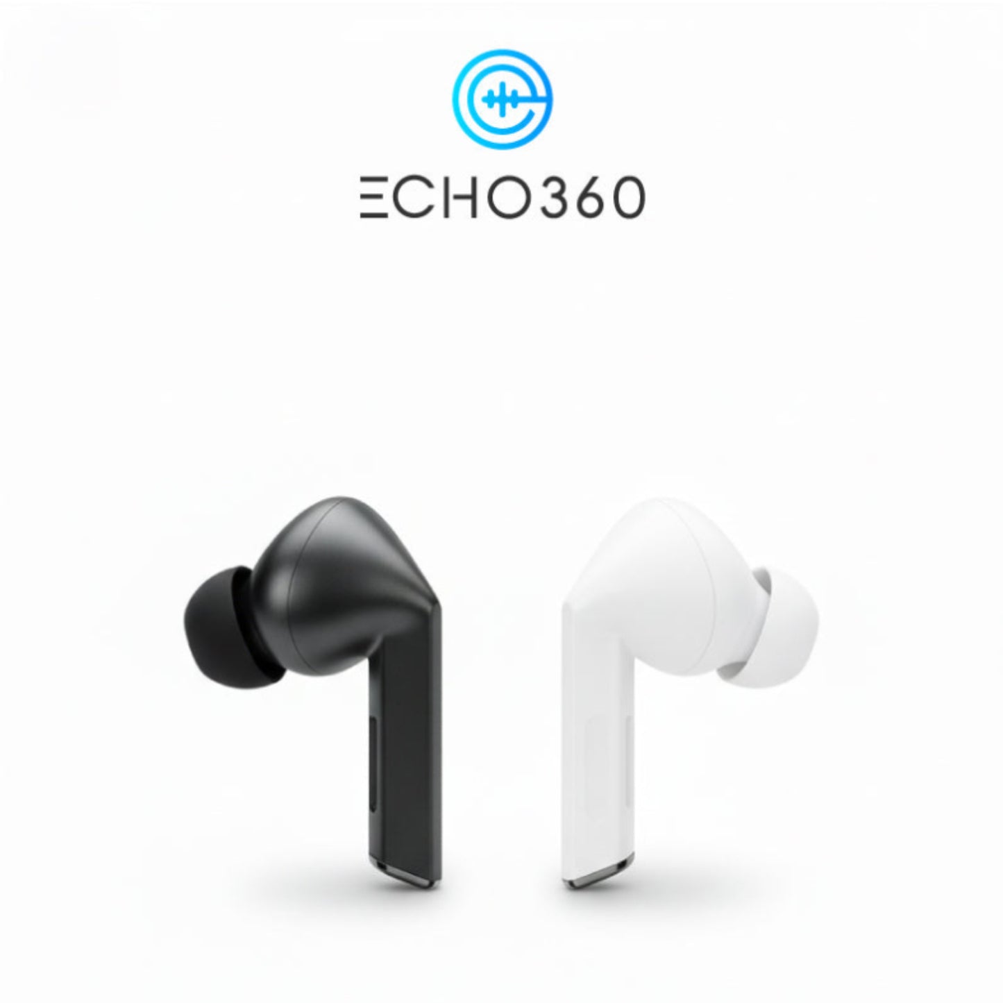 Black and white Echo 360 earbuds on a white background with 'Echo 360' branding.
