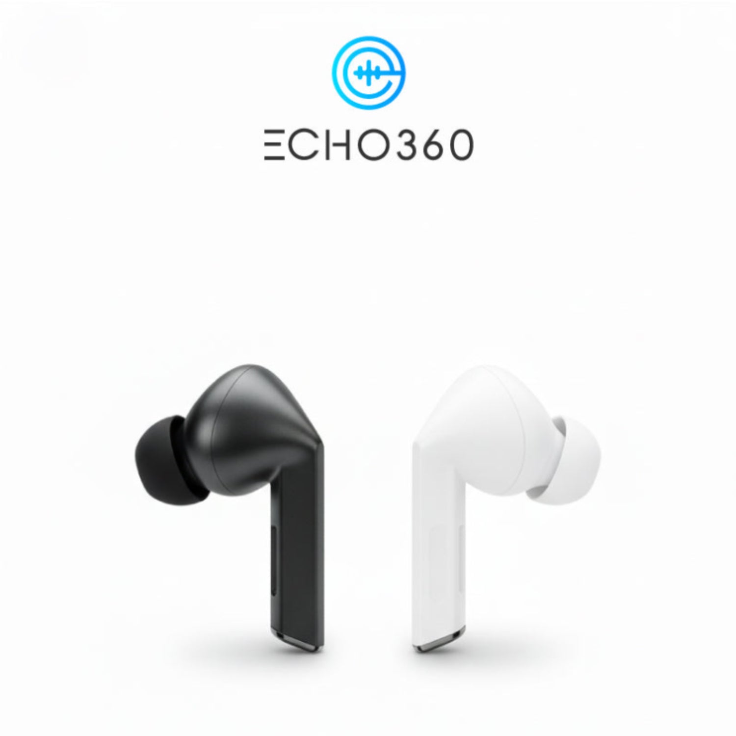 Black and white Echo 360 earbuds on a white background with 'Echo 360' branding.