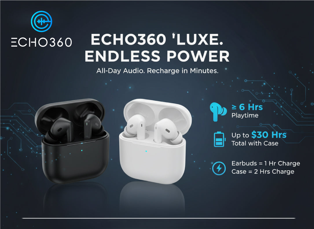 Echo360 Luxe: Premium BT 5.4 Earbuds with 13mm Speaker & Sleek Metallic Design