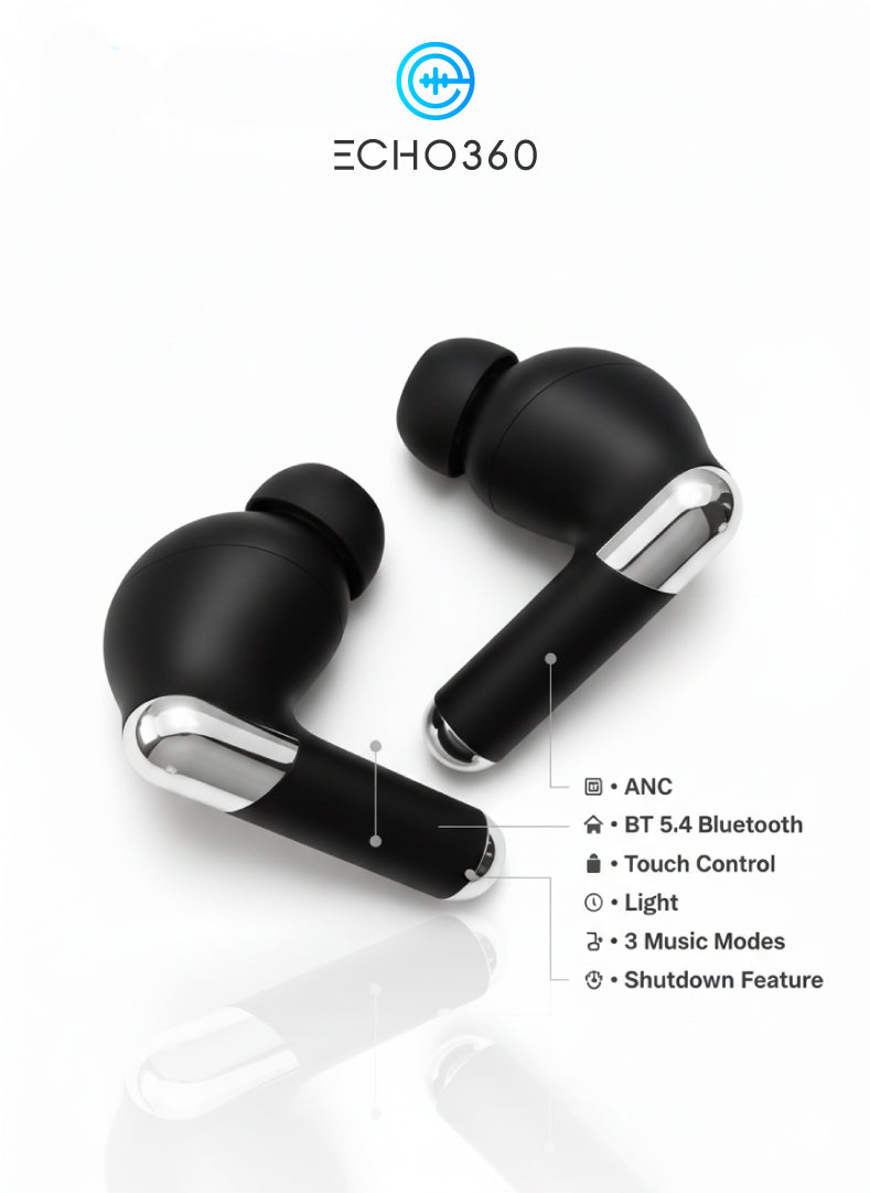 Black wireless earbuds with 'ECHO360' branding on a white background
