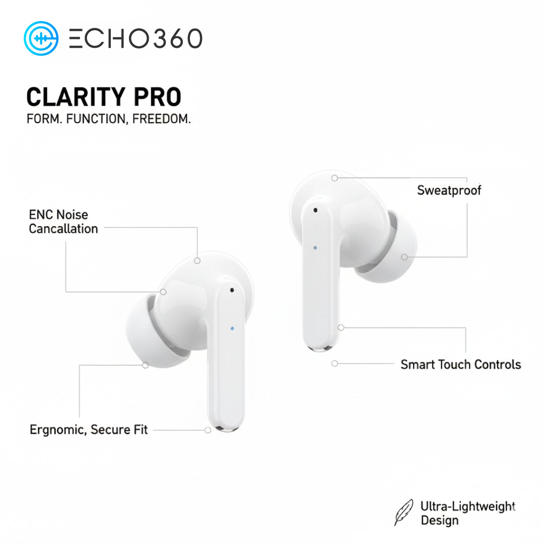 Echo360 Clarity Pro active noise cancelling earbuds with 30 hour battery life with 30 hour battery life