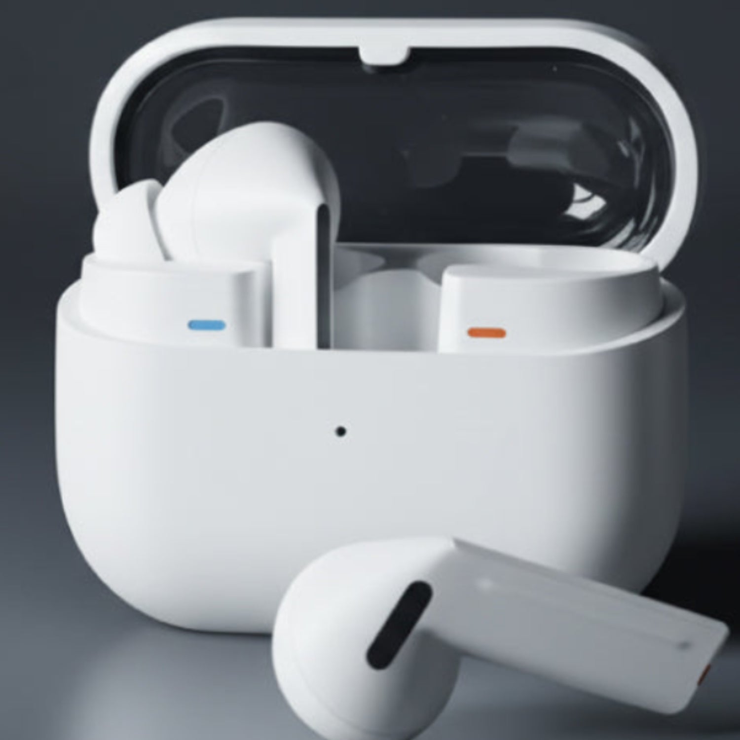 White wireless earbuds in a charging case with 'ECHO360 LUXE' branding on a dark background