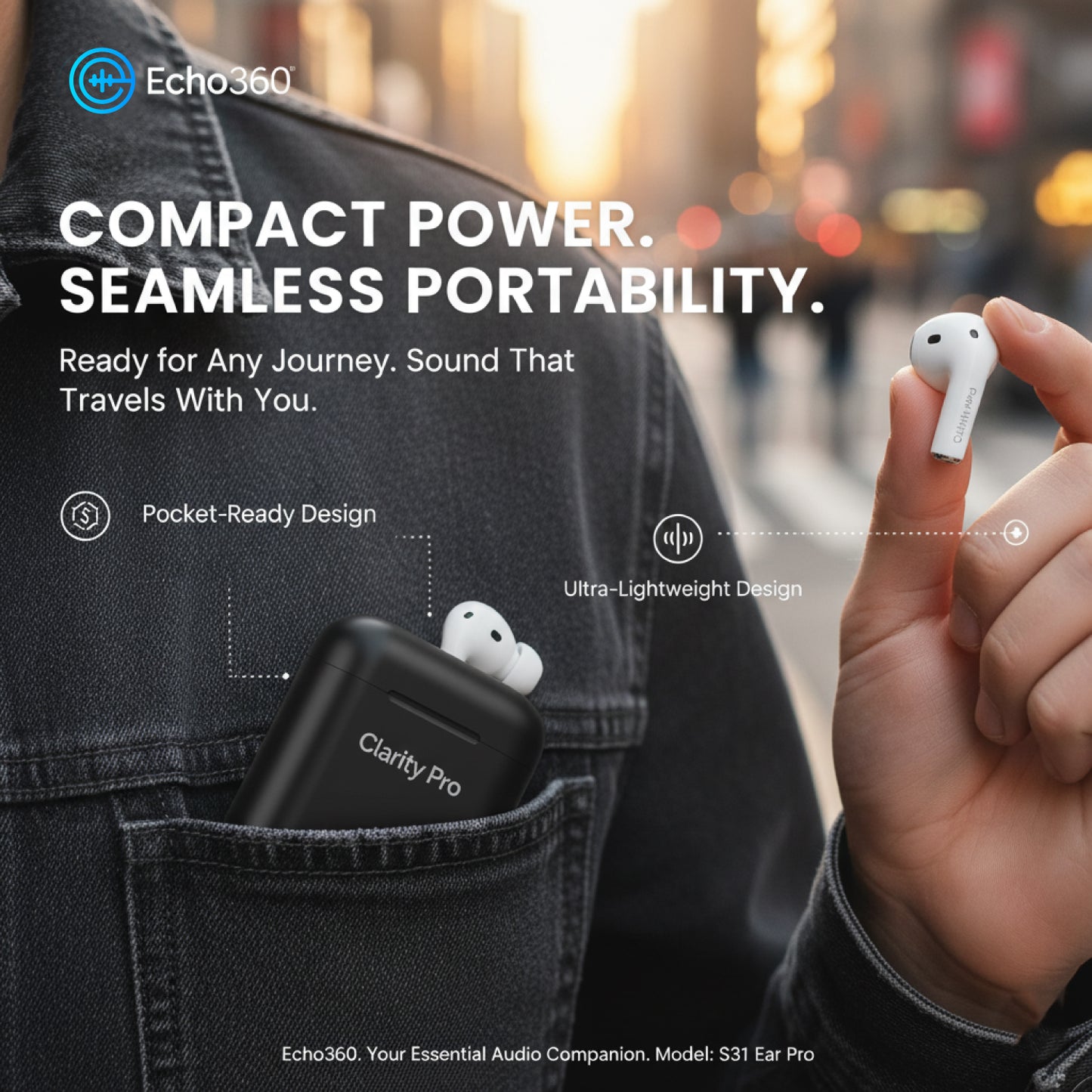 Person holding Echo360 wireless earbuds with a jacket pocket containing more earbuds, set against a blurred city street background. Echo360 Clarity Pro earbuds touch controls and smart features