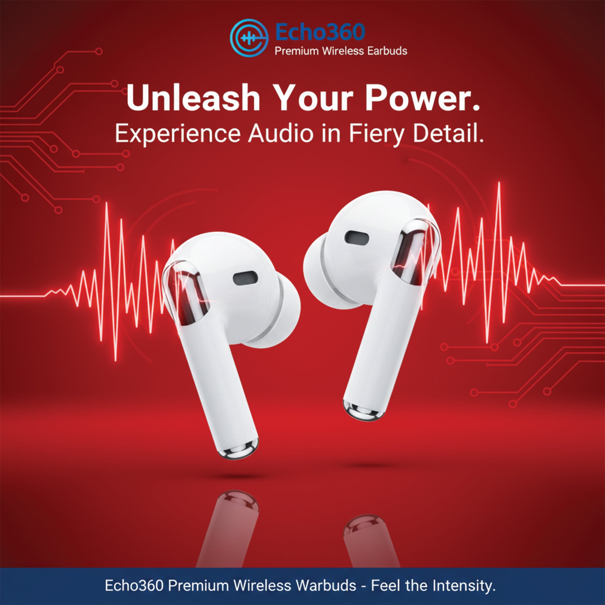 White wireless earbuds on a red background with 'Echo360' branding and text.
